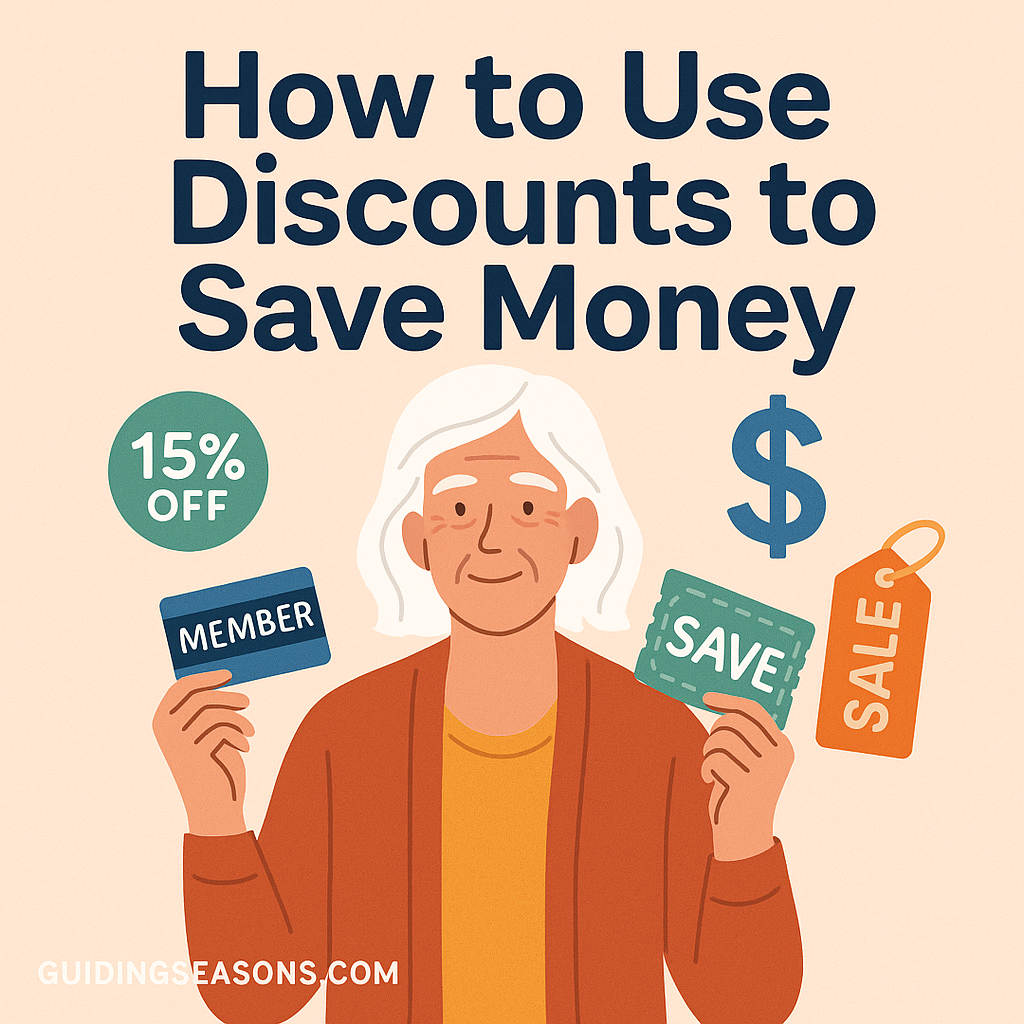 Older woman holding discount cards and coupons with icons showing savings and sale offers.