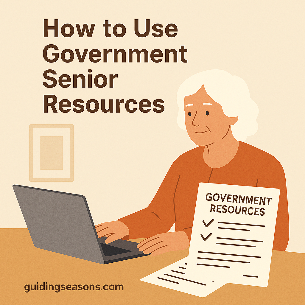 Illustration of a senior woman using a laptop with government resource forms on her desk, created for the article “How to Use Government Senior Resources.”