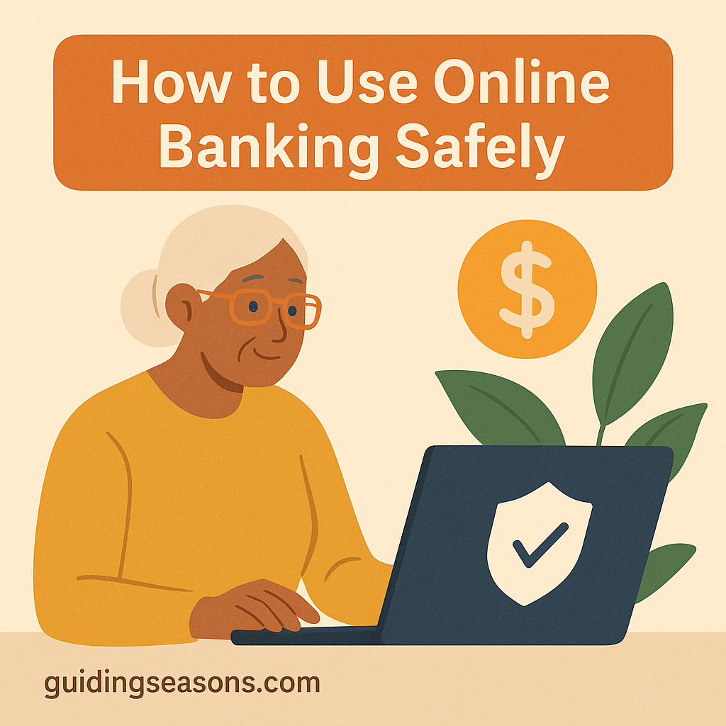 Illustration of a senior woman using a laptop to manage her online banking, with a security shield icon on the screen and the title “How to Use Online Banking Safely” above her.