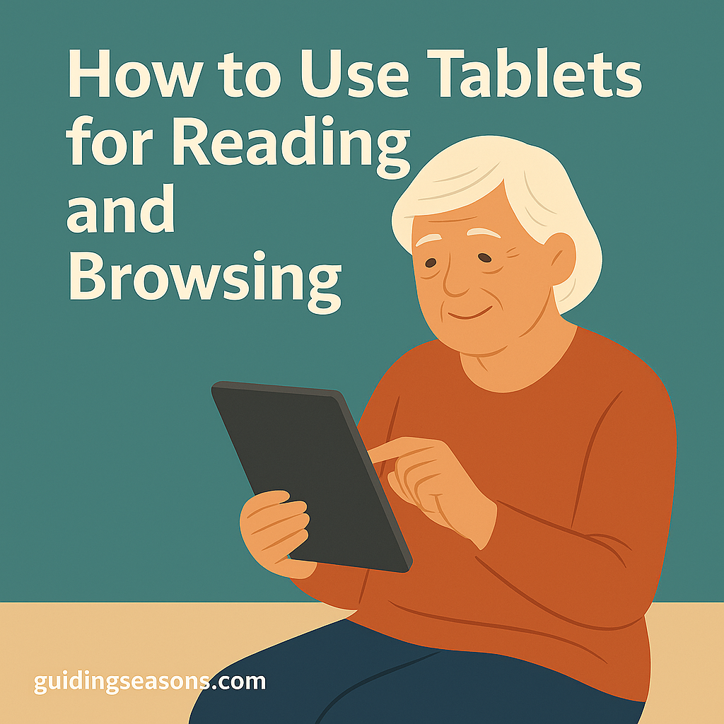 Older adult using a tablet while reading and browsing, shown in a warm flat-style illustration with the article title above.