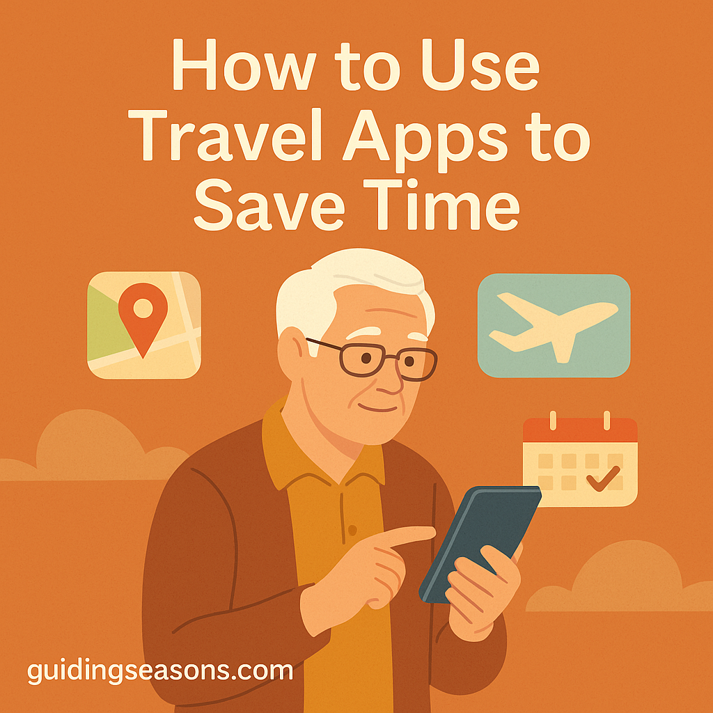 Illustration of a senior man using a smartphone with travel-related icons—maps, flights, and a calendar—surrounding him under the title “How to Use Travel Apps to Save Time.”
