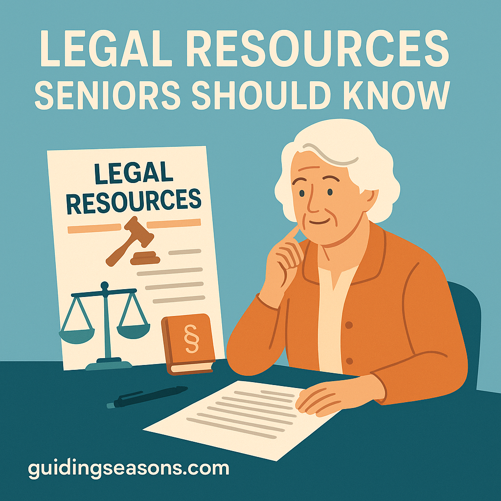 Senior woman reviewing legal documents at a desk with symbols of justice nearby.