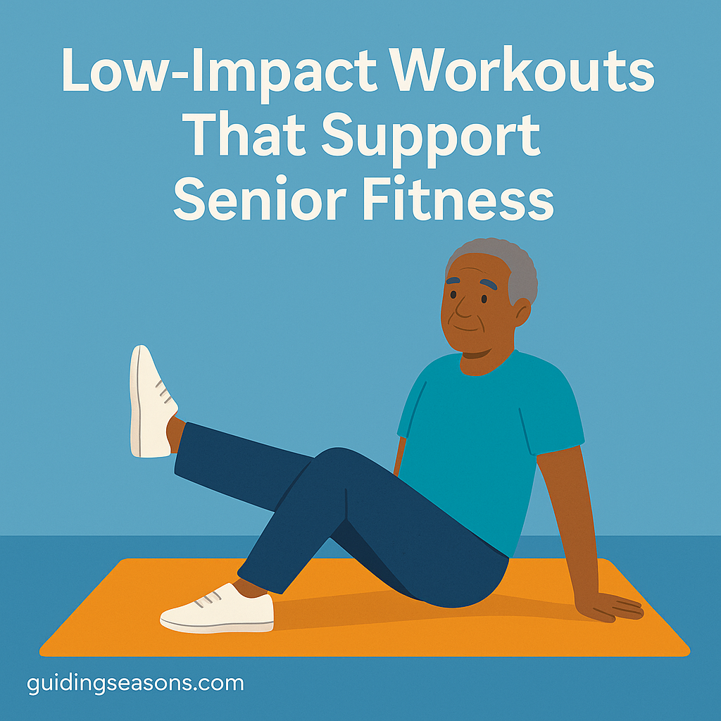 Older man performing a gentle floor exercise on an orange mat, demonstrating low-impact workouts that support senior fitness.