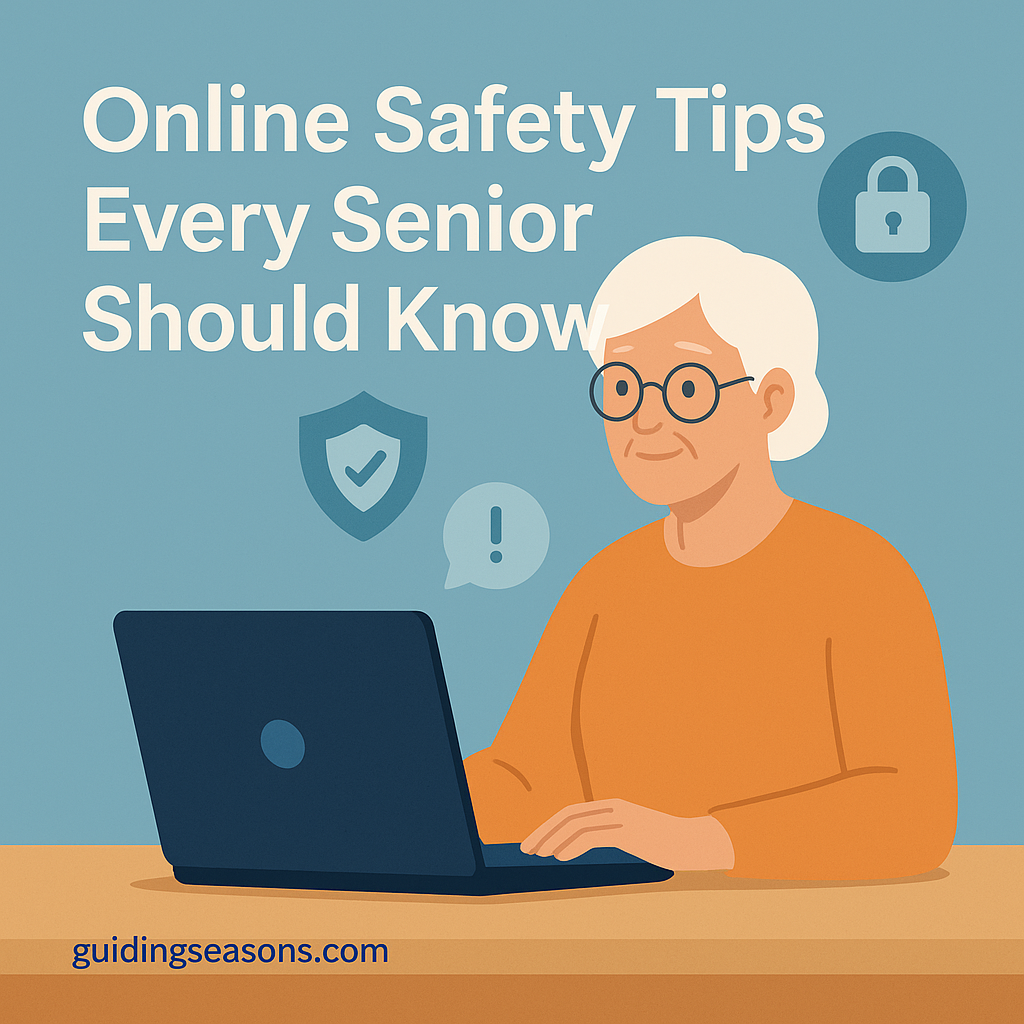 Older woman using a laptop with safety icons around her, representing online safety tips for seniors.