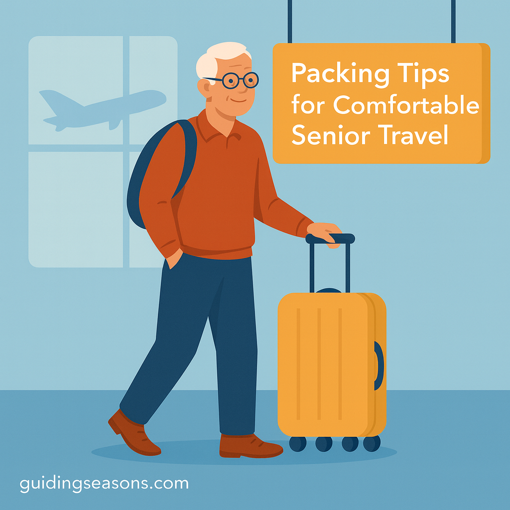 Older man standing in an airport with rolling luggage and a travel sign, illustrating packing tips for comfortable senior travel.