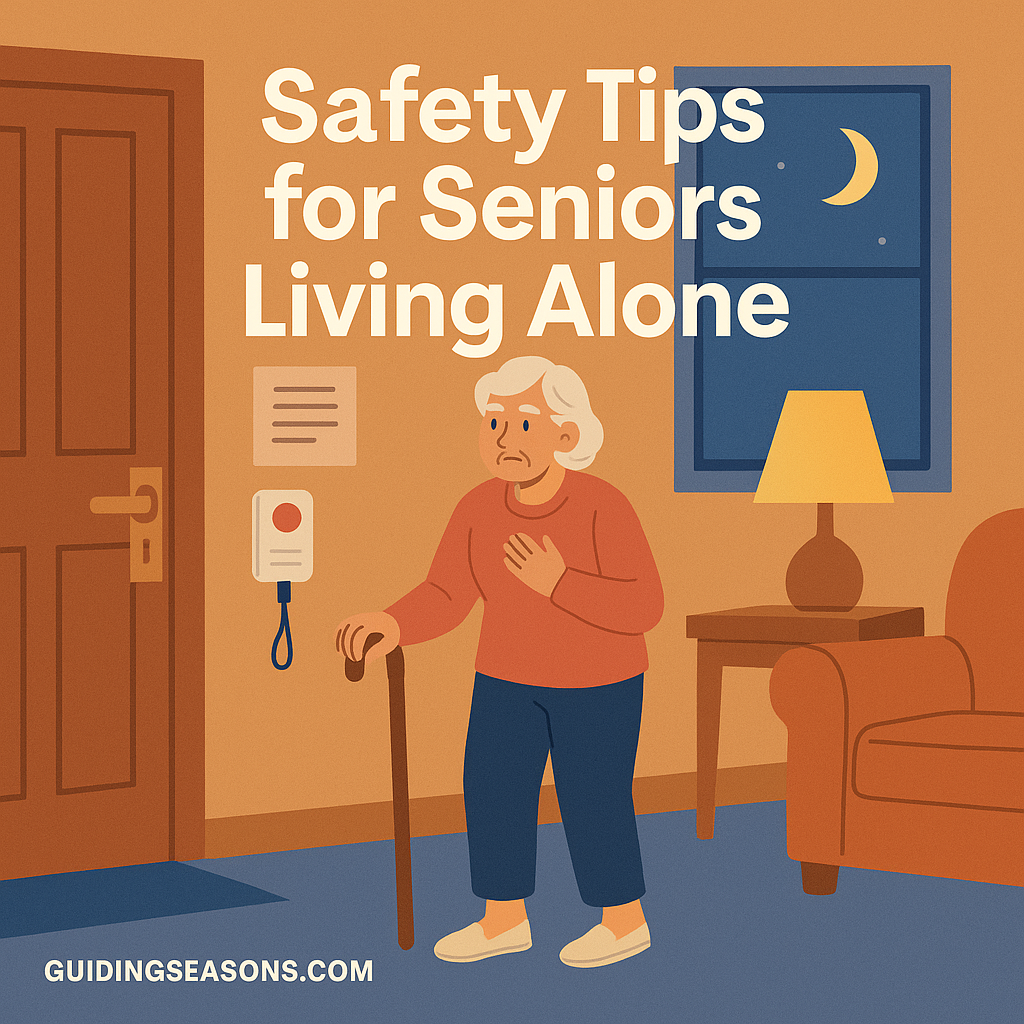 Older woman standing in her living room at night holding a cane with safety devices nearby.