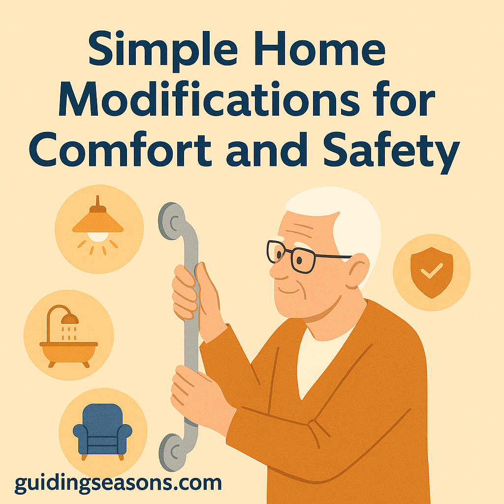 Illustration of an older man installing a home safety grab bar, surrounded by icons of lighting, a shower, a cushioned chair, and safety features, beneath the title “Simple Home Modifications for Comfort and Safety.”
