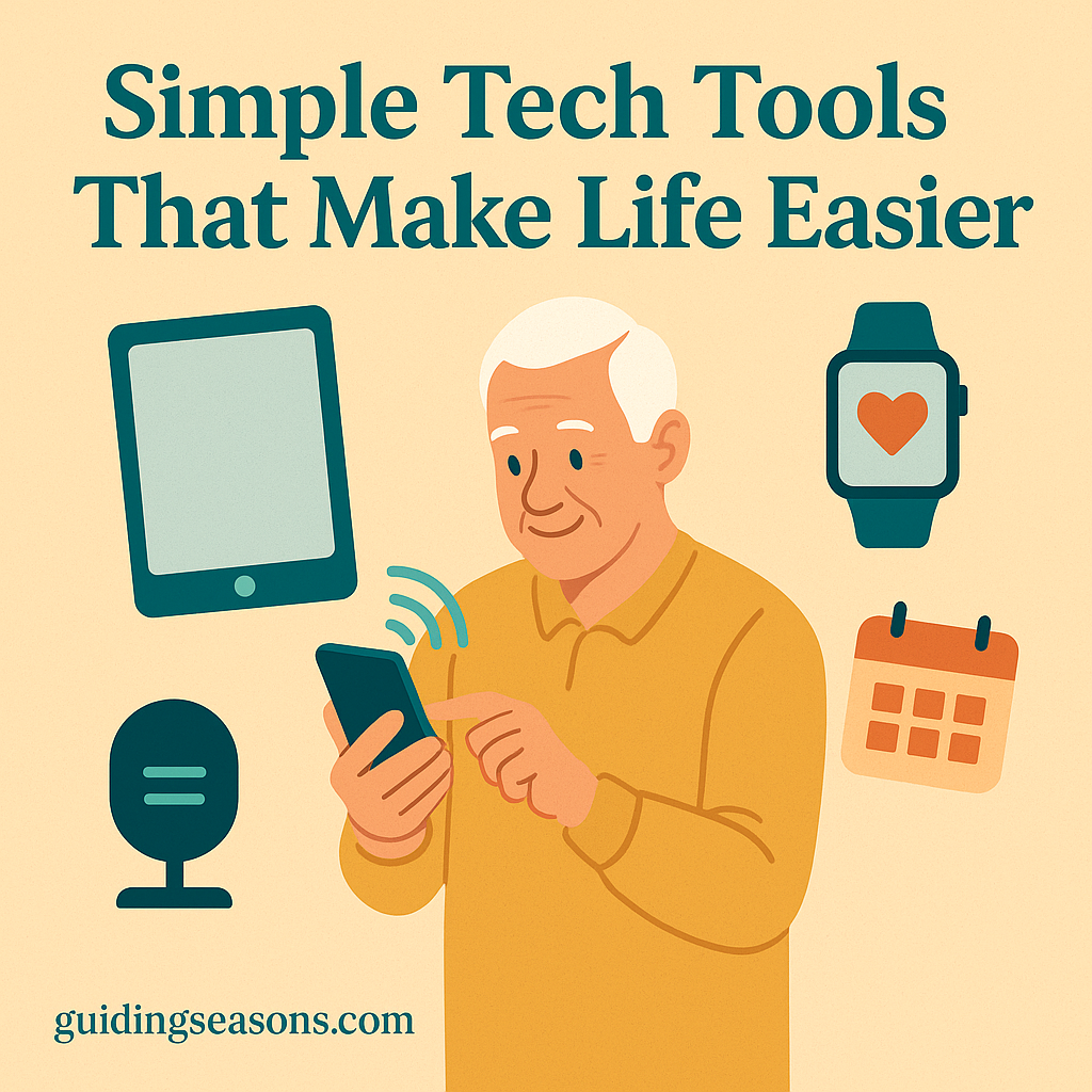 Illustration of a senior man using a smartphone surrounded by simple tech tools like a tablet, smartwatch, voice assistant, and calendar icons.