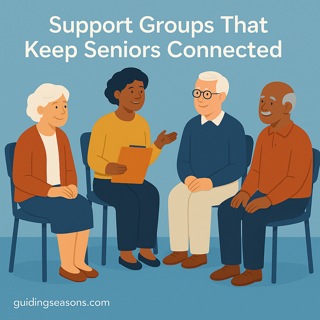 Group of seniors sitting in a circle during a guided wellness or social support session, led by a facilitator, with the title “Support Groups That Keep Seniors Connected” displayed above