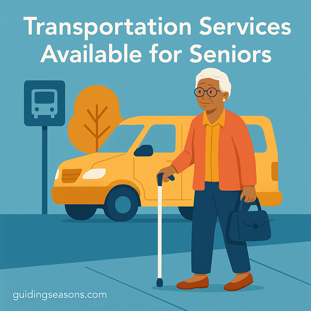 Older woman standing with a cane beside a yellow transit van near a bus stop sign, with the title “Transportation Services Available for Seniors” above her.