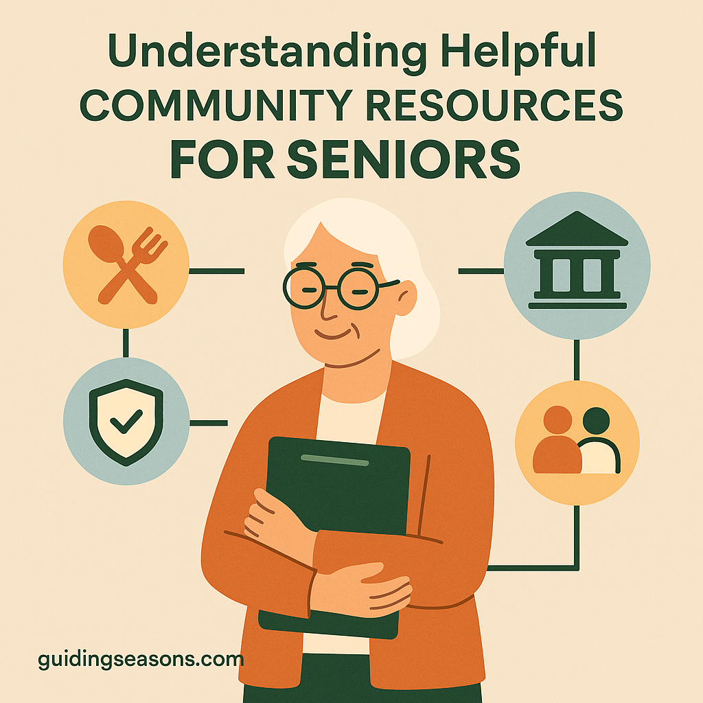 Illustration of a senior woman holding a folder, surrounded by icons representing community resources such as meals, safety, public services, and social support, beneath a title about community resources for seniors.