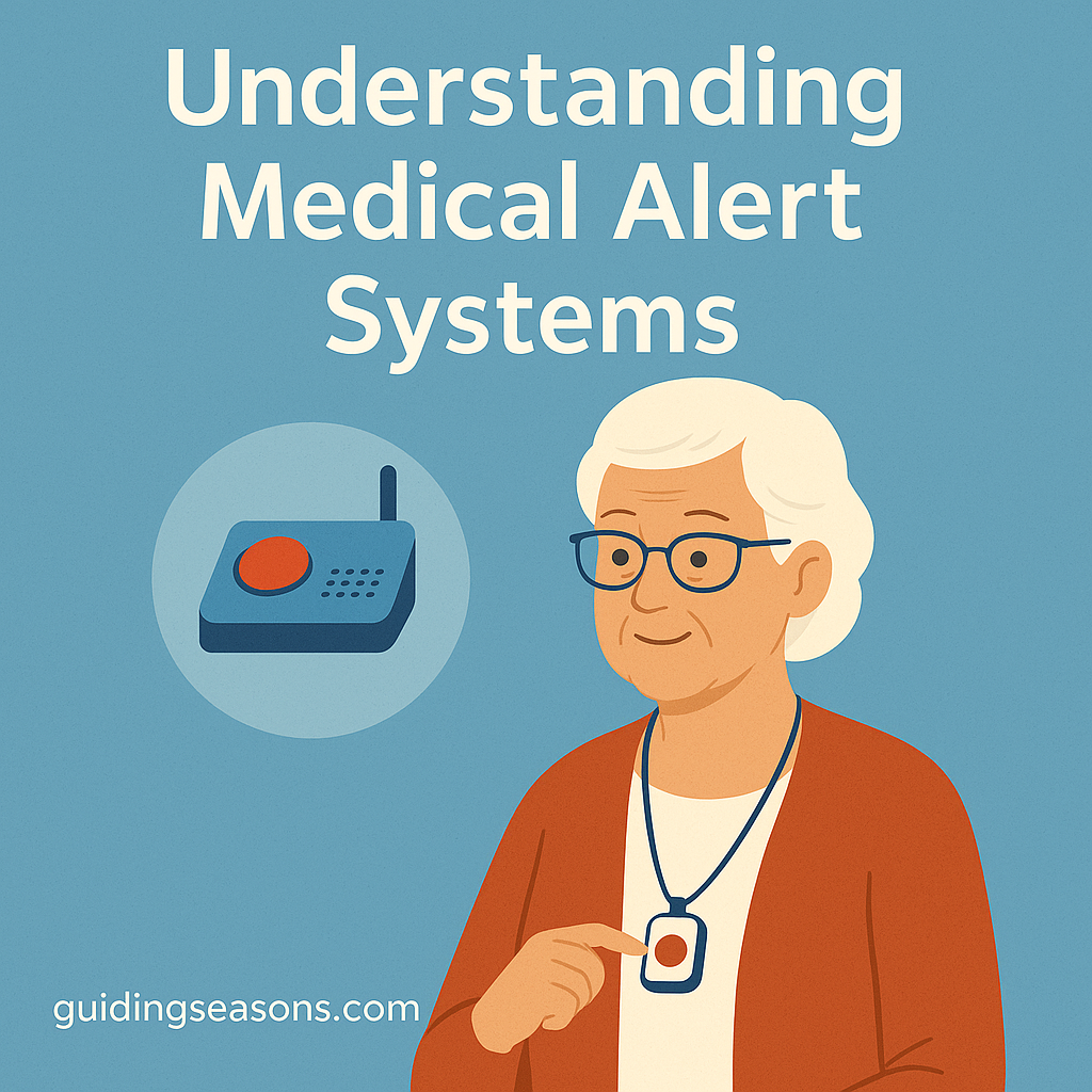 Older woman pressing a medical alert pendant with a base unit shown beside her, the title “Understanding Medical Alert Systems”.