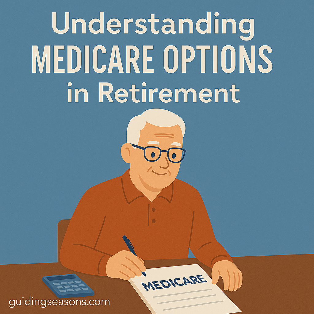 Older man reviewing a Medicare document at a table with a calculator, with the title “Understanding Medicare Options in Retirement” and a guidingseasons.com watermark at the bottom left.