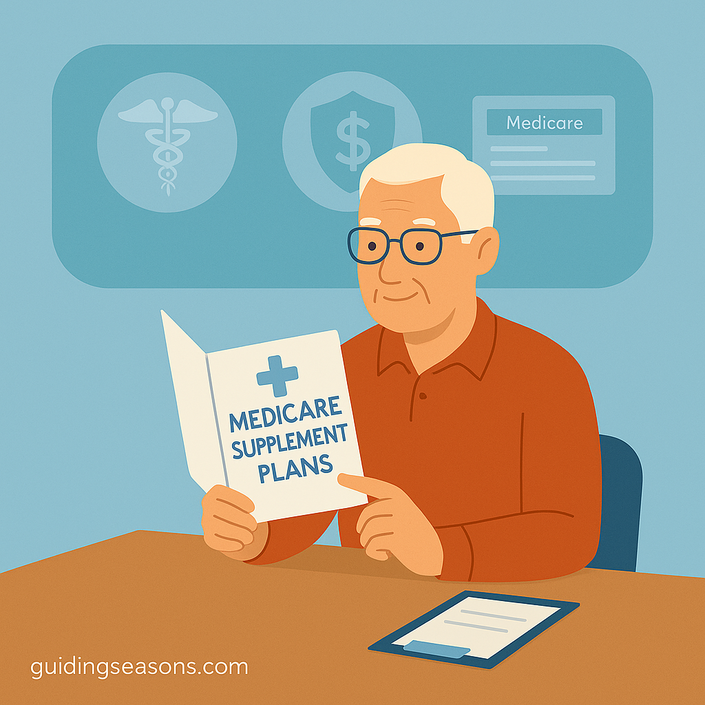 Older man reading a Medicare Supplement Plans brochure at a table with healthcare icons in the background, illustrating how Medicare Supplement (Medigap) plans work.