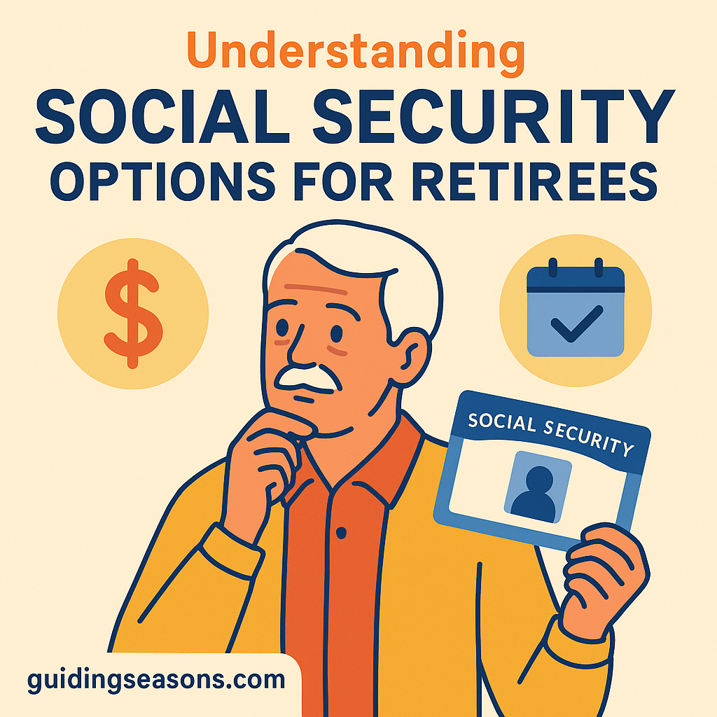 Illustration of a senior man holding a Social Security card and surrounded by icons representing money and timing, shown beneath a title about understanding Social Security options for retirees.