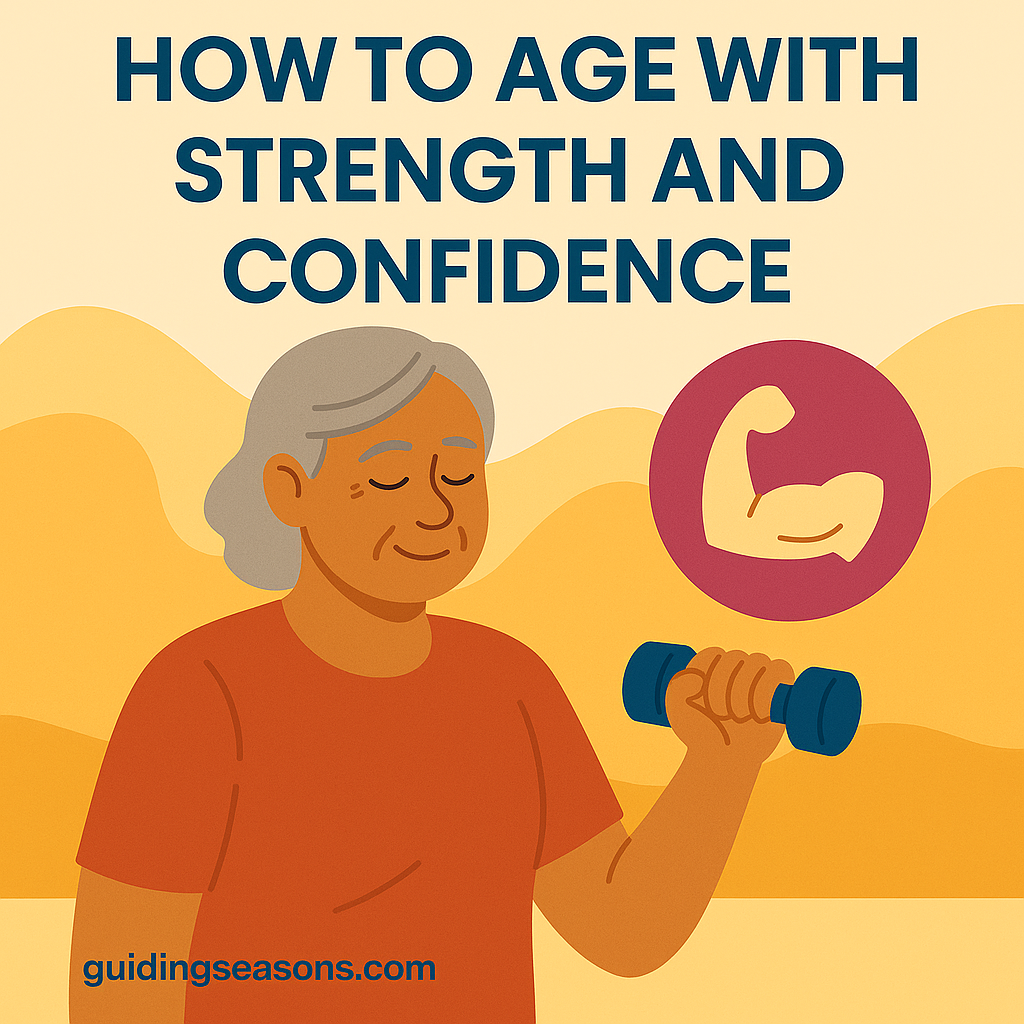 Flat illustration of a senior woman lifting a dumbbell with a flexed arm icon beside her, using warm and varied colors, with a small guidingseasons.com watermark in the bottom left.