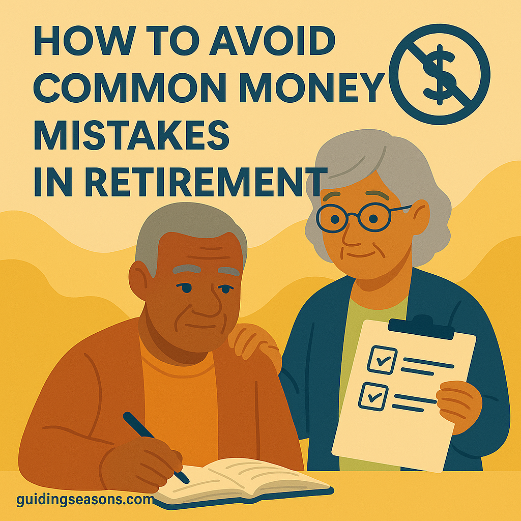 Flat illustration of a senior couple reviewing financial notes together, with the woman holding a checklist and a “no dollar sign” icon in the corner, featuring warm colors and a small guidingseasons.com watermark in the bottom left.