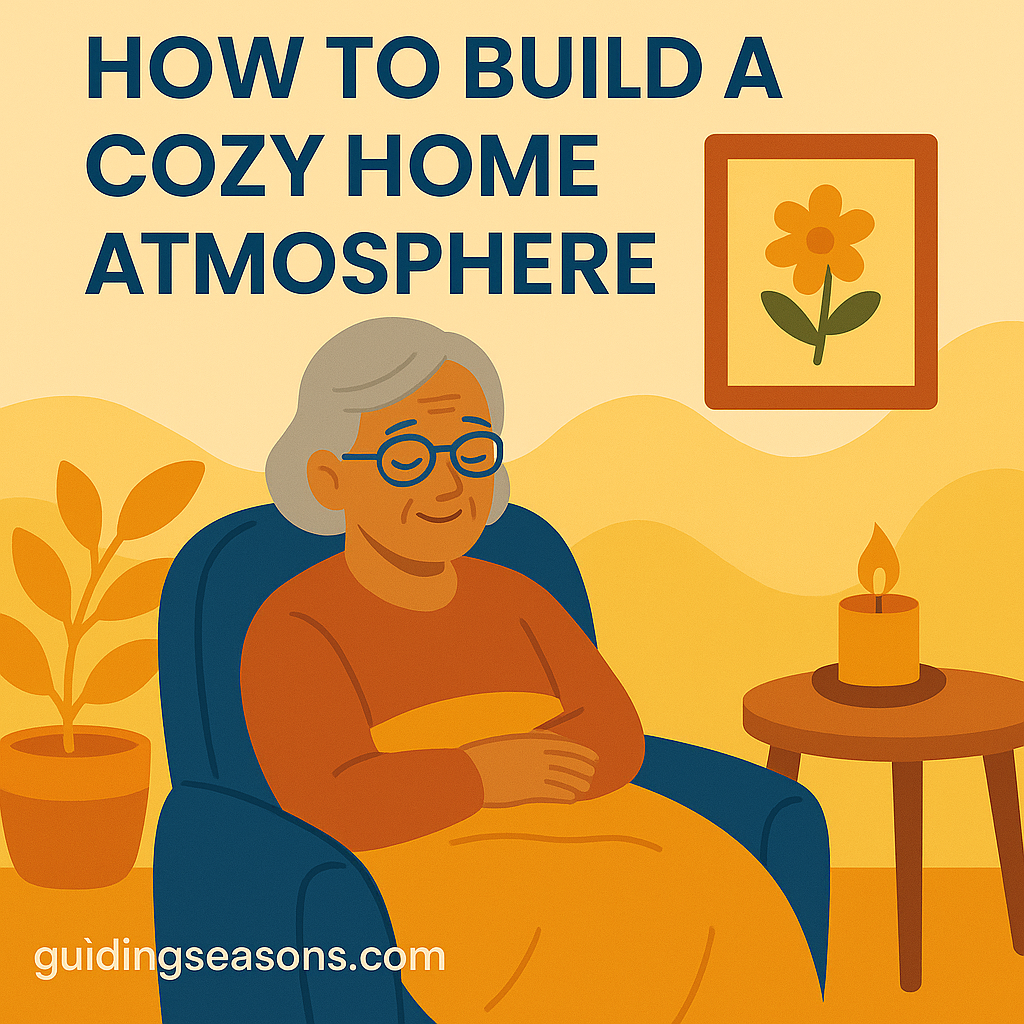 Flat illustration of a senior woman relaxing in a cozy armchair with soft lighting, a candle, warm colors, a plant, and a framed flower artwork, with a small guidingseasons.com watermark in the bottom left.