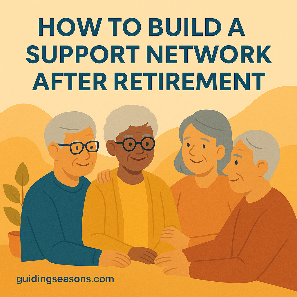 Flat illustration of four seniors sitting together and smiling, symbolizing community and connection, with warm colors in the background and a small guidingseasons.com watermark in the bottom left.