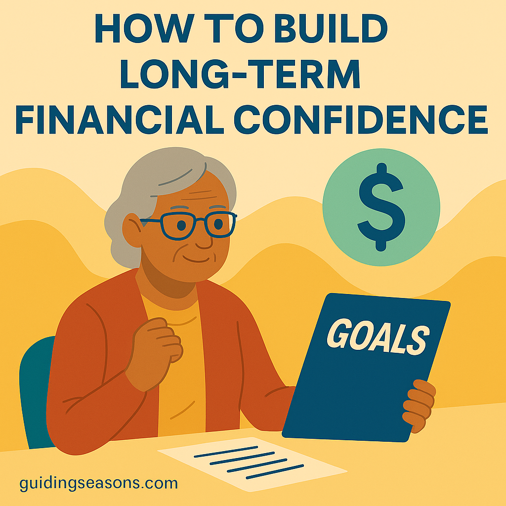 Flat illustration of a senior woman holding a blue folder labeled “GOALS,” with a dollar sign icon above her and a small guidingseasons.com watermark in the bottom left.
