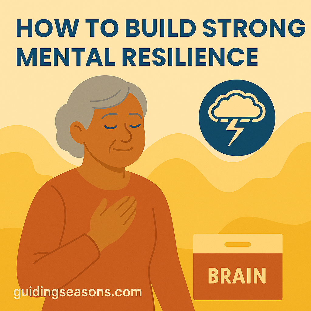Flat illustration of an older woman with her hand on her chest practicing calm breathing, with a storm-cloud-and-lightning resilience icon above her, set against warm yellow tones and a small guidingseasons.com watermark in the bottom left.