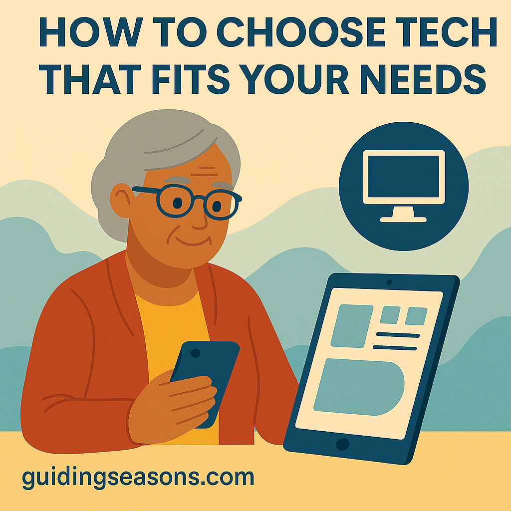 Flat illustration of a senior woman comparing a smartphone and a tablet, with a computer icon in the background and a small guidingseasons.com watermark in the bottom left.