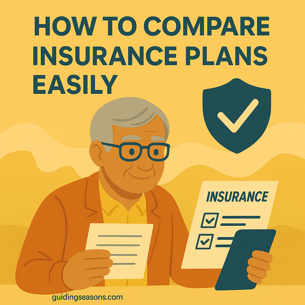 Flat illustration of an older man comparing insurance documents with a shield checkmark icon above him, set against warm yellow background, with guidingseasons.com watermark on the bottom left.
