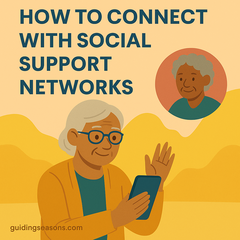 Flat illustration of a senior woman waving at her smartphone during a video call, with another senior displayed in a circular icon above her, and a small guidingseasons.com watermark in the bottom left.