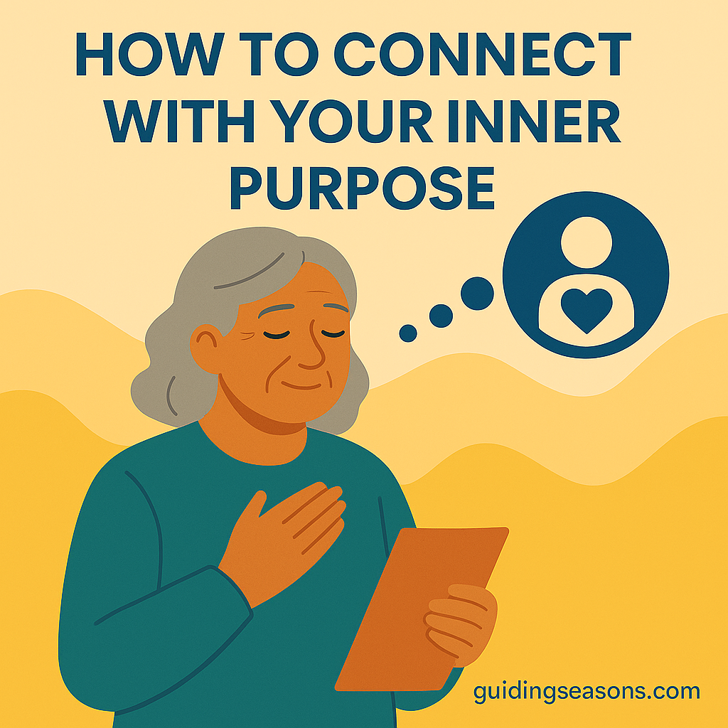 Flat illustration of a senior woman holding a journal with her hand over her heart, reflecting on her inner purpose, with warm background colors and a small guidingseasons.com watermark in the bottom left.