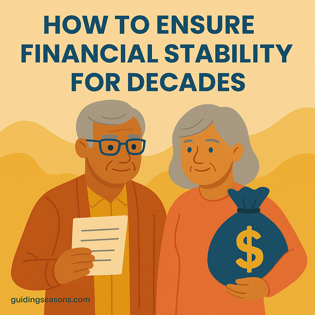 Flat illustration of a senior couple holding financial documents and a money bag symbol, with warm gold and teal colors and a small guidingseasons.com watermark in the bottom left.