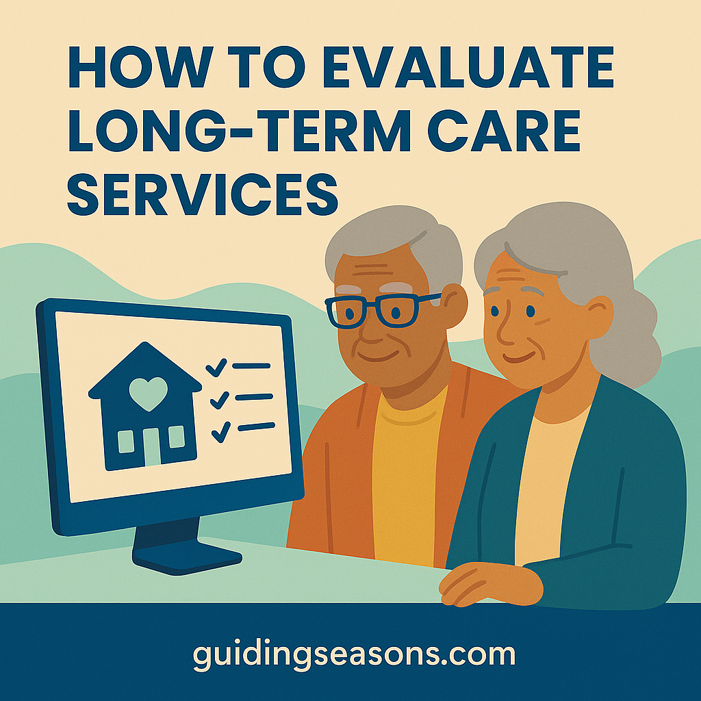 Flat illustration of a senior couple looking at a computer screen displaying a checklist and a care facility icon, with a small guidingseasons.com watermark in the bottom left.