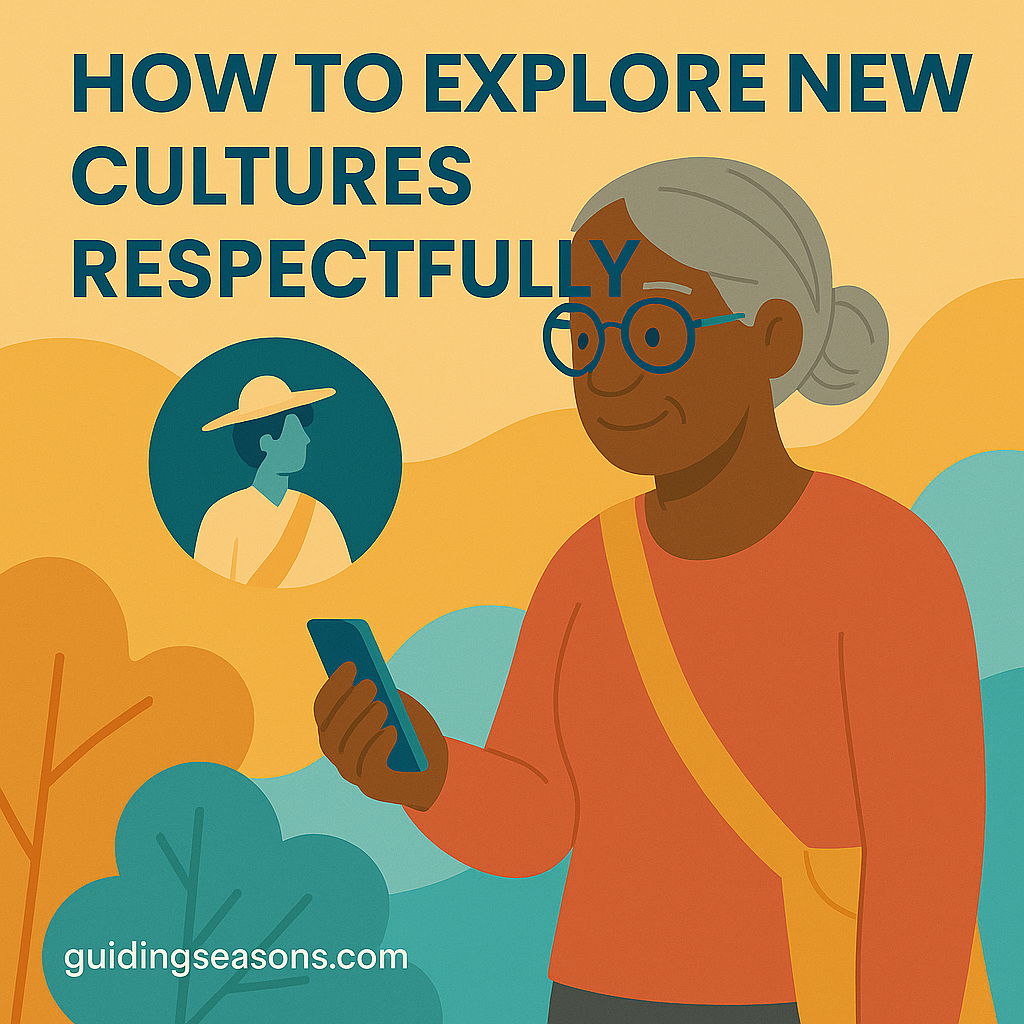 Flat illustration of a senior woman using her phone while learning about another culture, shown with a cultural icon in the background and a variety of warm and cool colors, with a small guidingseasons.com watermark in the bottom left.