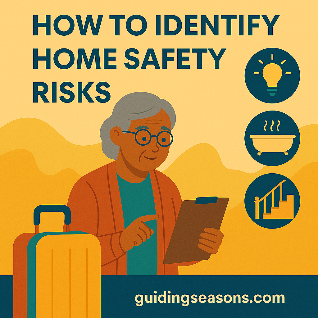 Flat illustration of a senior woman holding a clipboard while reviewing home safety risks, with icons for lighting, bathroom safety, and stairs, and a small guidingseasons.com watermark at the bottom.
