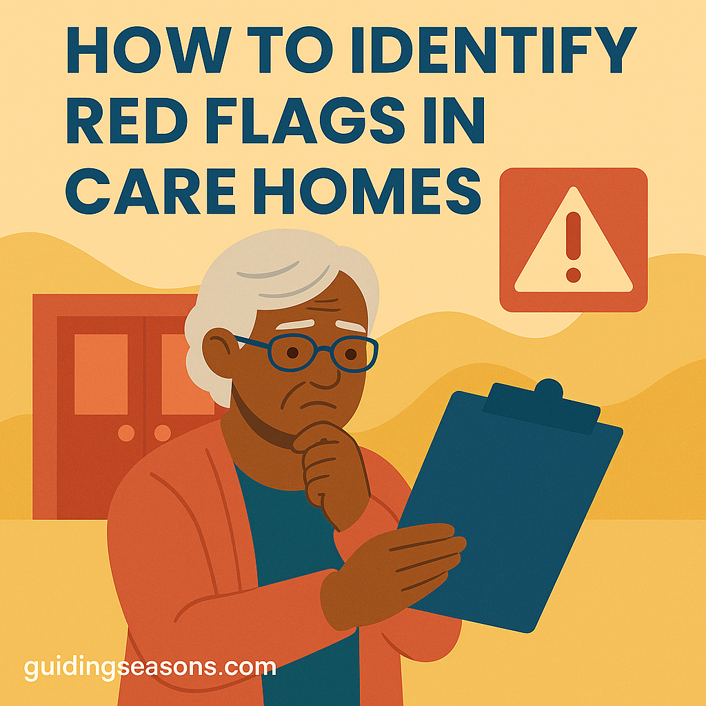 Flat illustration of an older woman reviewing a clipboard with a worried expression, alongside a red caution symbol and warm background tones, with a small guidingseasons.com watermark on the bottom left.