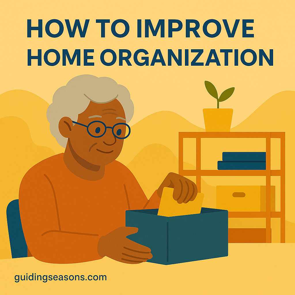 Flat illustration of a senior woman organizing items into a storage box with a shelving unit behind her, using warm colors and a small guidingseasons.com watermark in the bottom left.