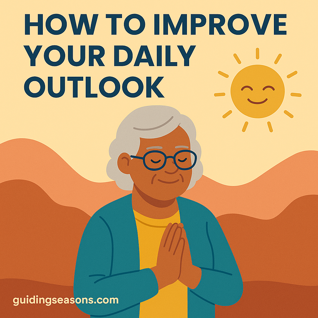 Flat illustration of a senior woman with hands together in a calm, prayer-like pose, with a smiling sun icon above her and warm-colored hills in the background, plus a small guidingseasons.com watermark in the bottom left.