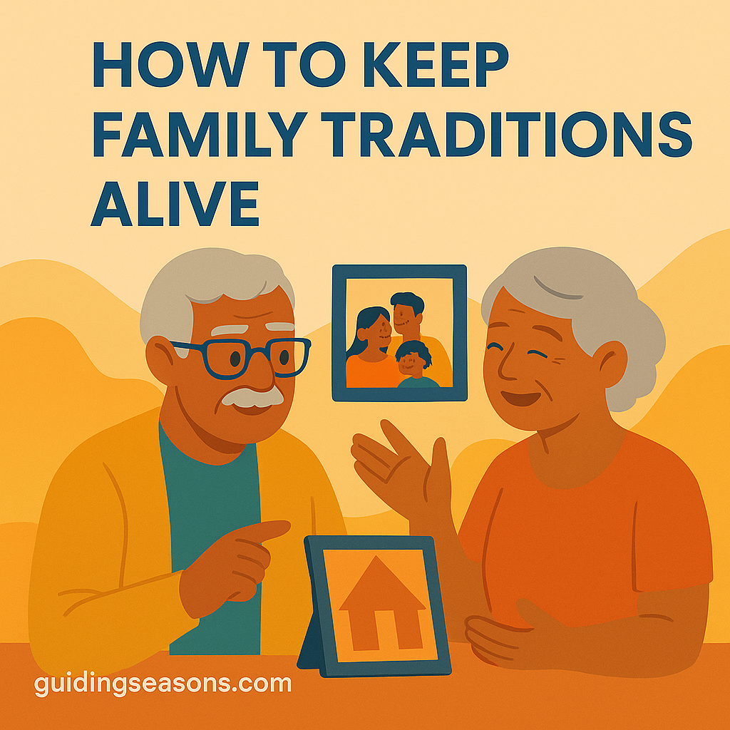 Flat illustration of an elderly couple sharing family memories using photos and a tablet, with warm and cool colors and a small guidingseasons.com watermark in the bottom left.