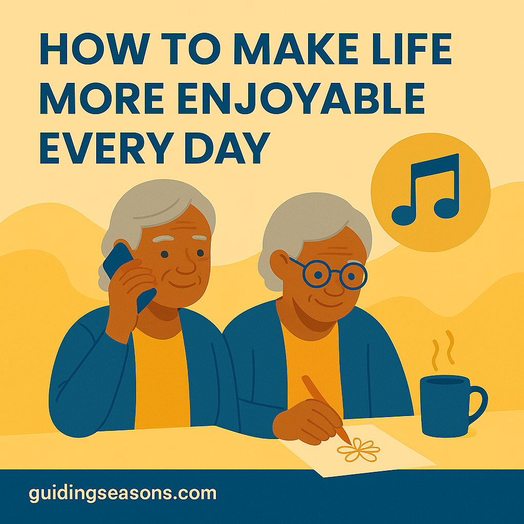 Flat illustration of a senior woman talking on the phone and another senior woman drawing a flower, both enjoying simple daily activities, with warm colors and a small guidingseasons.com watermark in the bottom left.