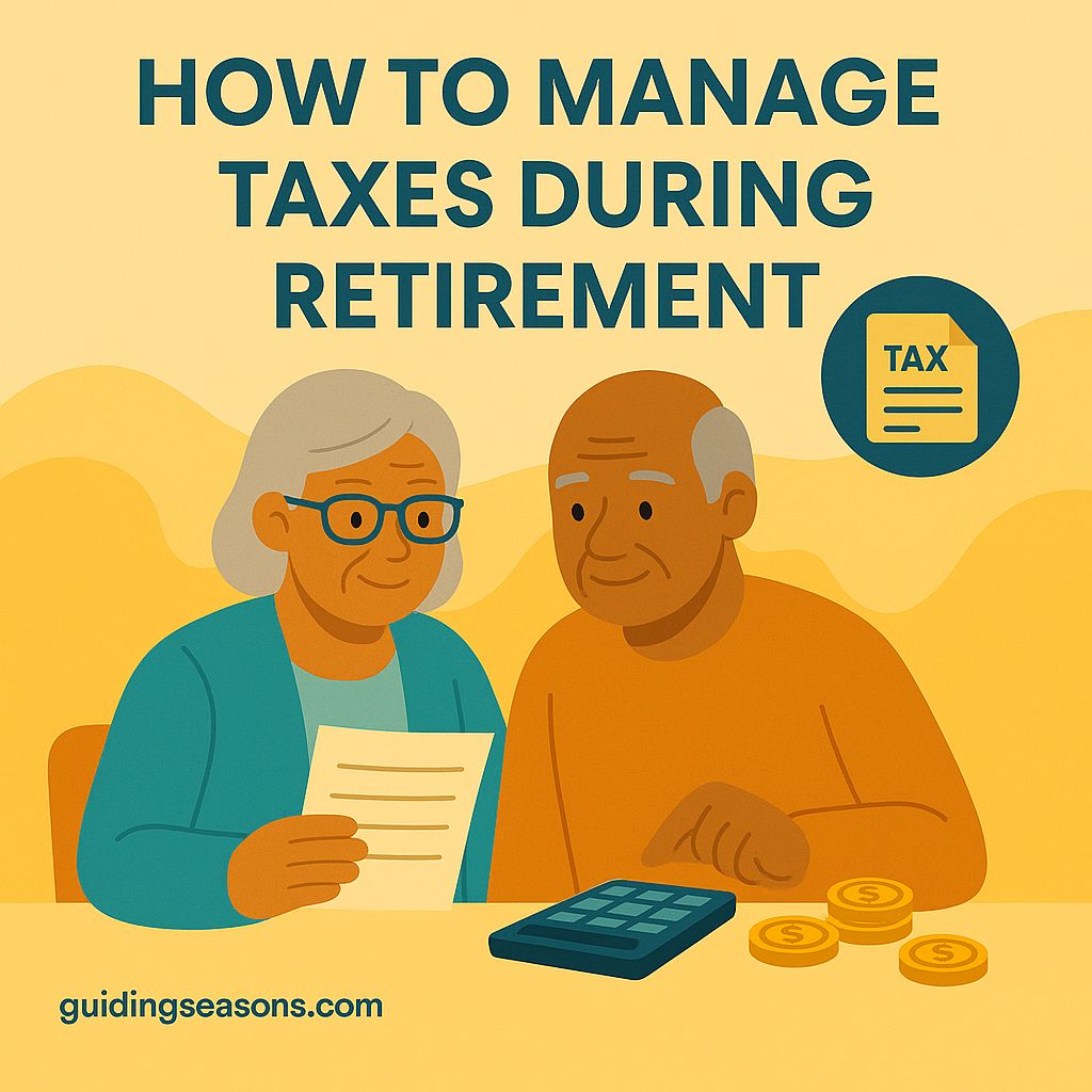 Flat illustration of a senior couple reviewing tax papers together with a calculator and coin icons, and a small guidingseasons.com watermark in the bottom left.