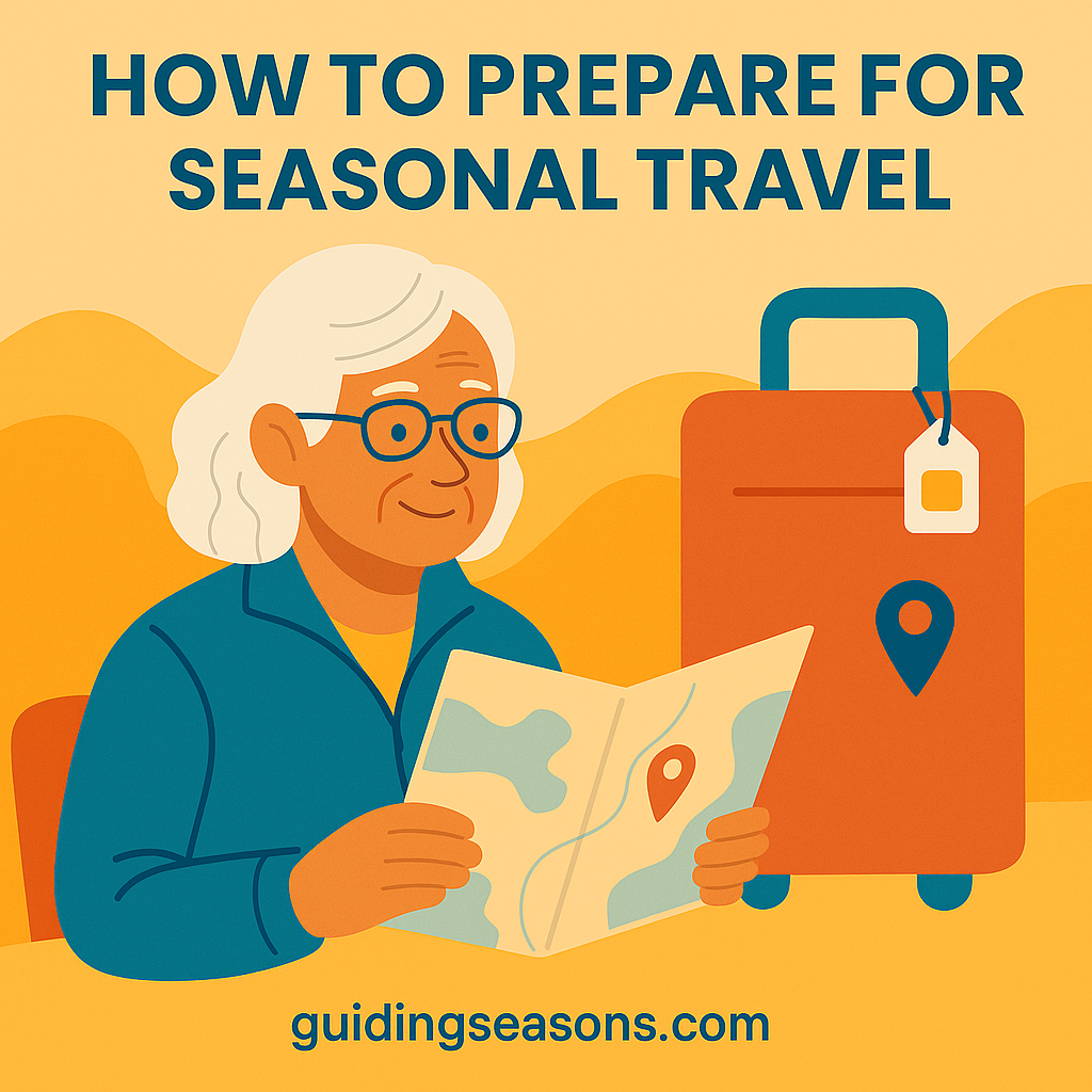 Flat illustration of a senior woman reading a travel map beside a colorful suitcase, with warm seasonal tones and a small guidingseasons.com watermark at the bottom.