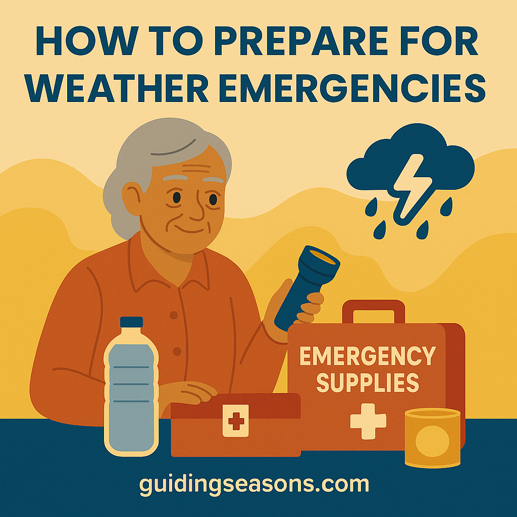 Flat illustration of an older woman holding a flashlight next to an emergency supply kit, with a storm icon above and a small guidingseasons.com watermark at the bottom.