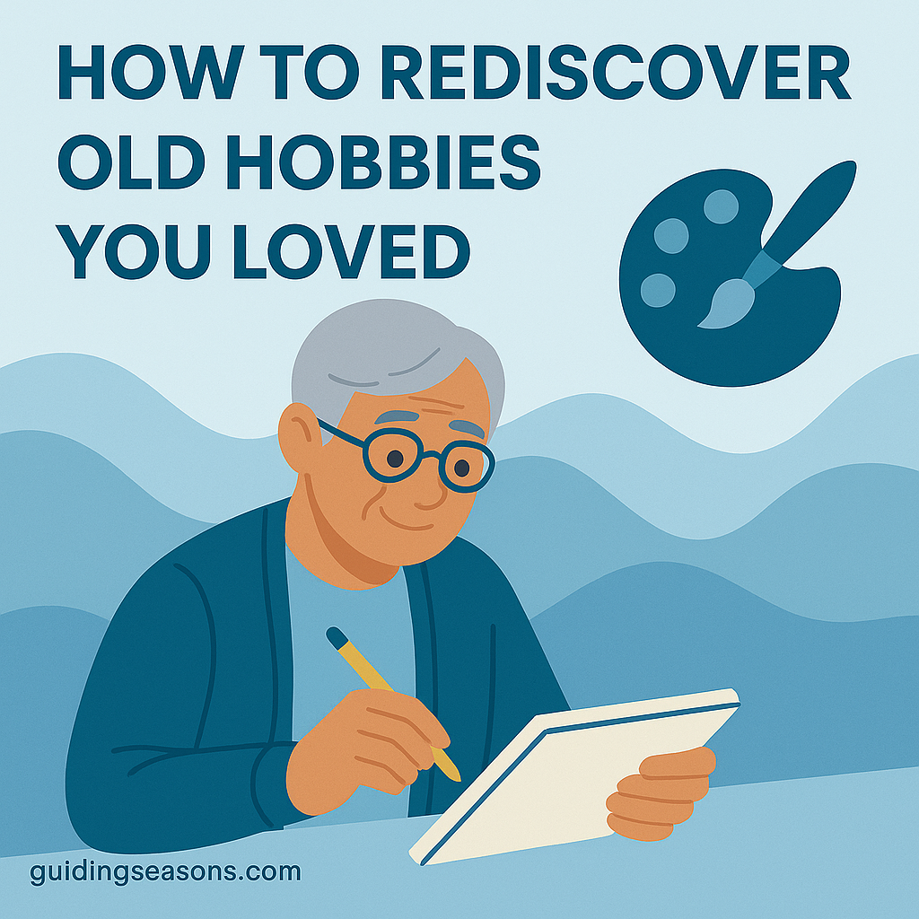 Flat illustration of a senior man in cool blue tones sketching in a notebook, with a paint palette icon above him and a small guidingseasons.com watermark in the bottom left.