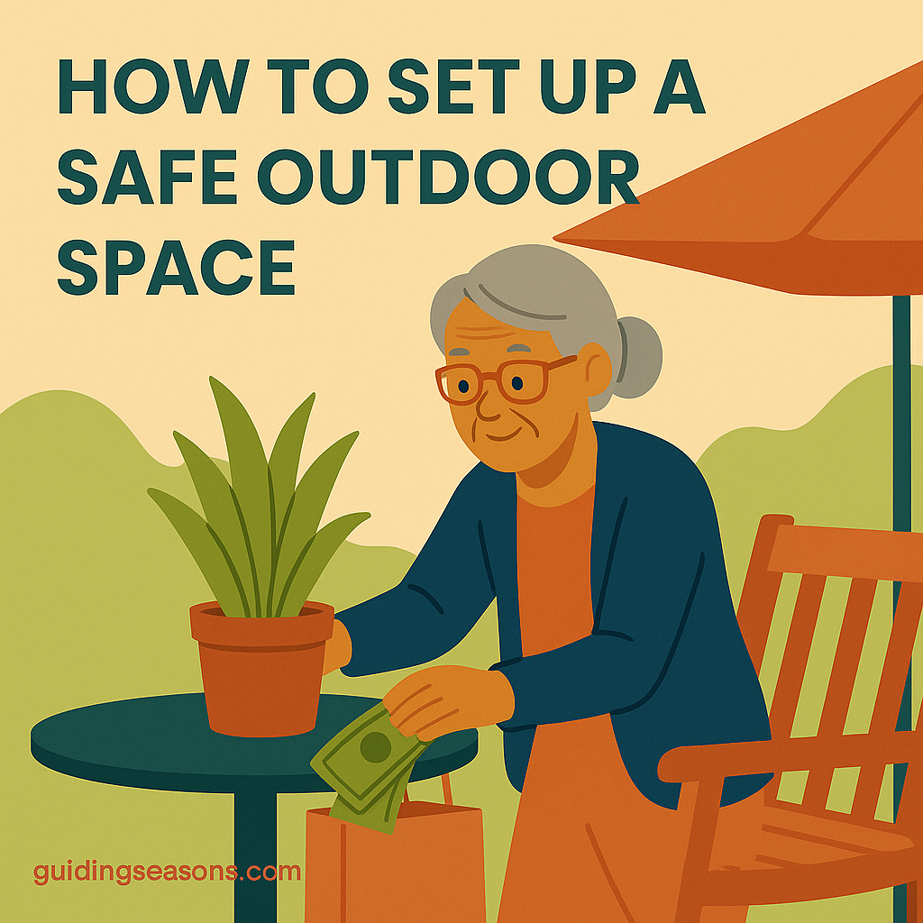 Flat illustration of an older woman arranging a safe outdoor patio space with a potted plant, chair, umbrella, and a small guidingseasons.com watermark in the bottom left.