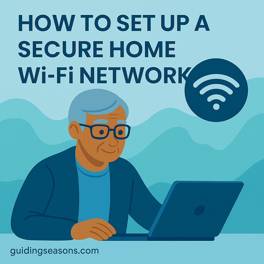 Flat illustration in cool blue tones showing a senior man using a laptop with a Wi-Fi icon above him, and a small guidingseasons.com watermark in the bottom left.