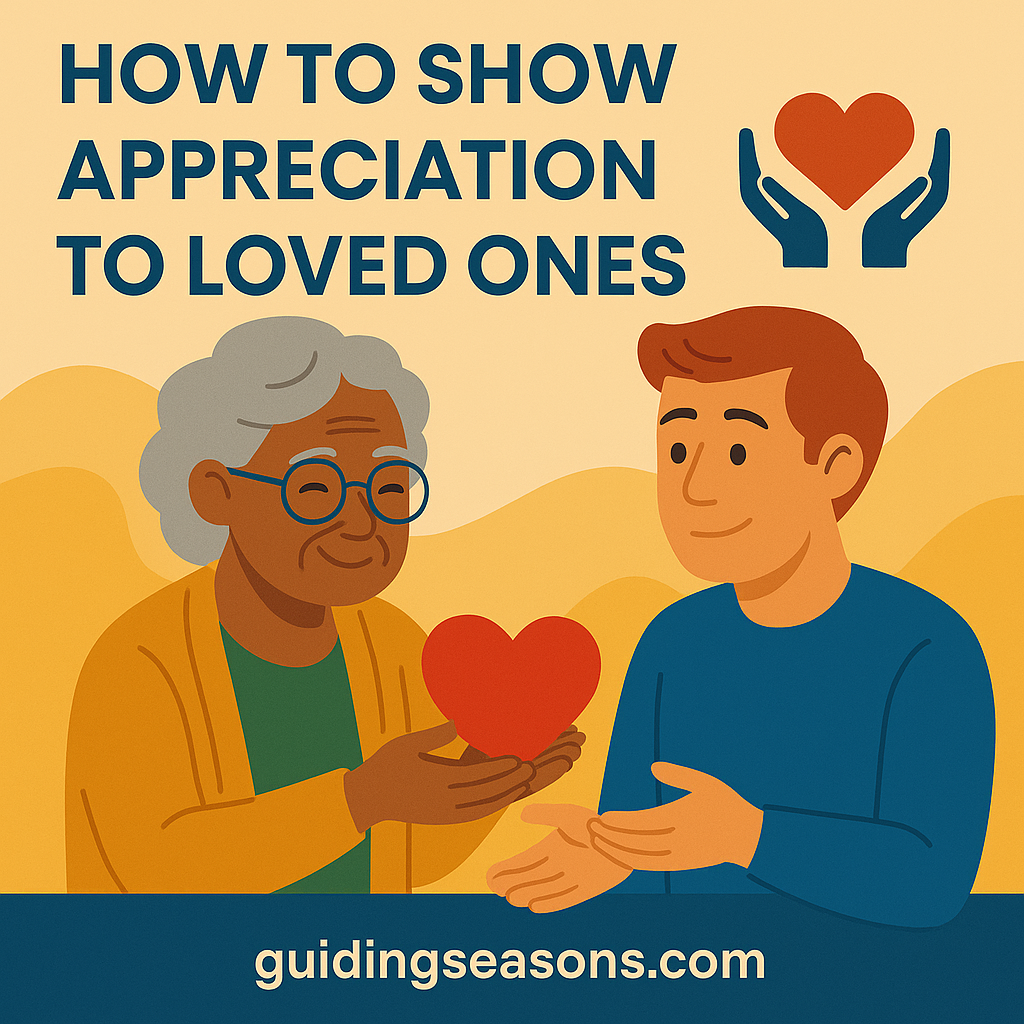 Flat illustration of a senior woman handing a red heart to a younger man, with colorful warm background tones and a small guidingseasons.com watermark in the bottom left.