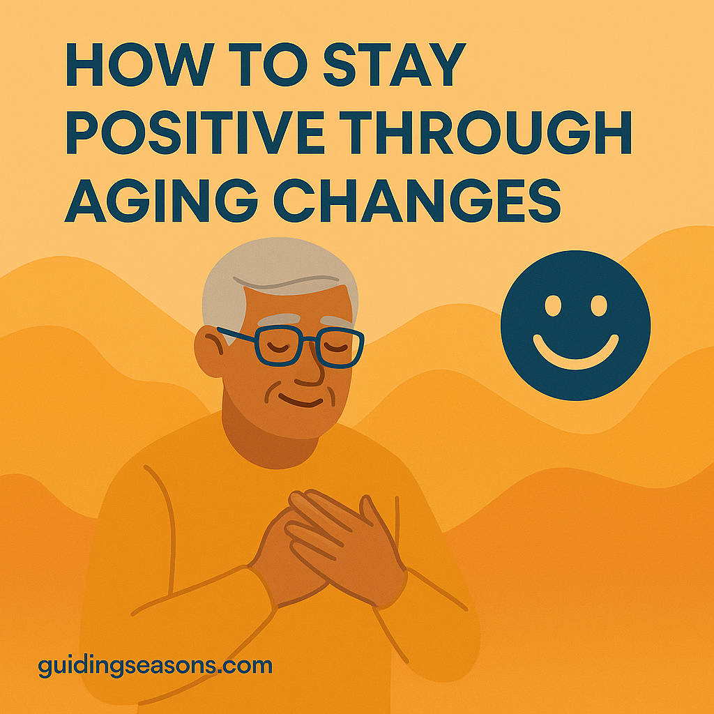 Flat illustration of an older man with his hands over his heart, smiling peacefully, with a happy-face icon and warm orange background, plus a small guidingseasons.com watermark on the bottom left.