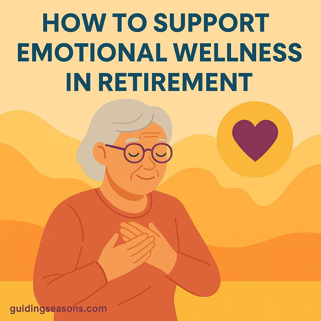 Flat illustration of a senior woman with hands over her heart, surrounded by warm orange and yellow hills, with a purple heart icon and a small guidingseasons.com watermark in the bottom left.