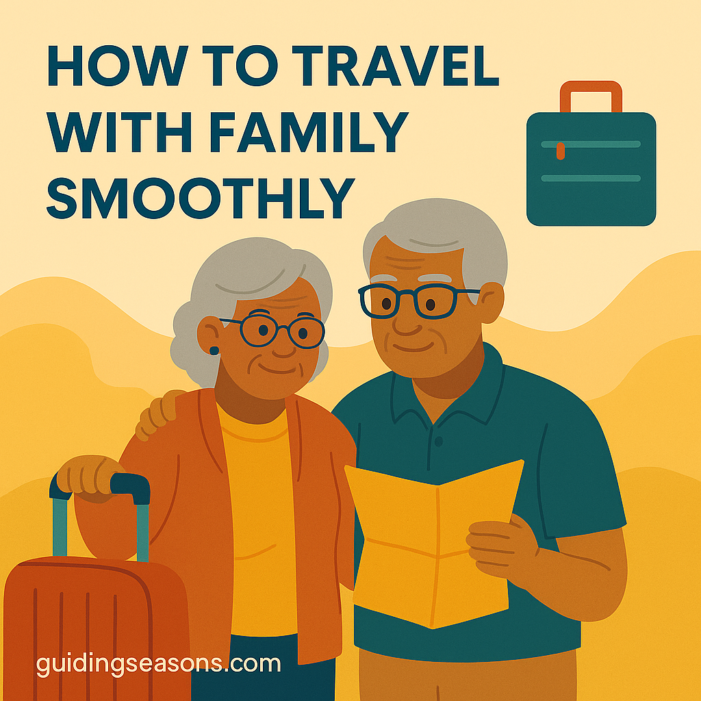 Flat illustration of an older couple holding a map and standing with luggage, symbolizing smooth family travel, with warm teal and orange tones and a small guidingseasons.com watermark in the bottom left.