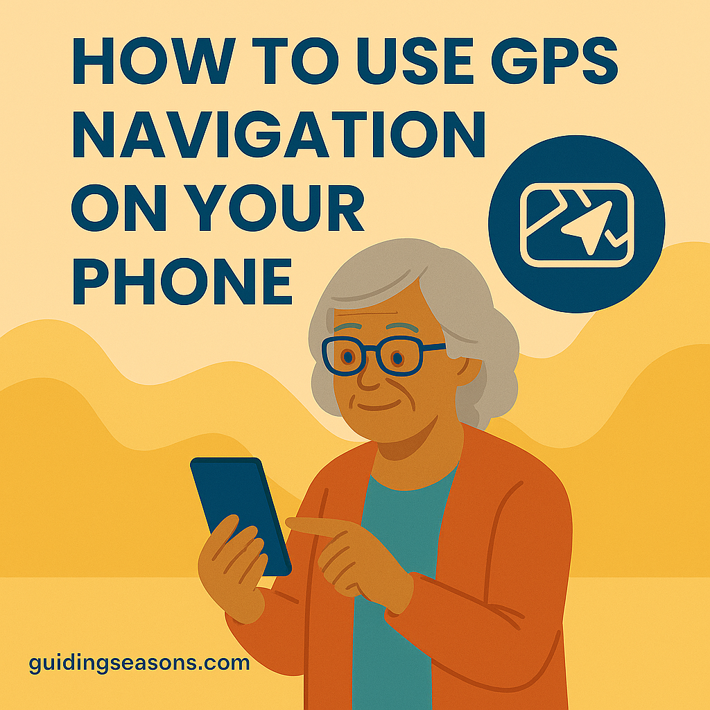 Flat illustration of an older woman using a smartphone for GPS navigation, with a navigation icon above her and a small guidingseasons.com watermark in the bottom left.