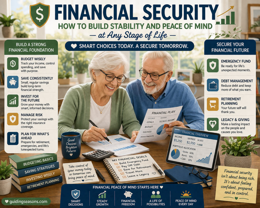 Flat illustration of a senior couple reviewing finances with charts, savings plans, and budgeting tools representing financial security and long-term stability.